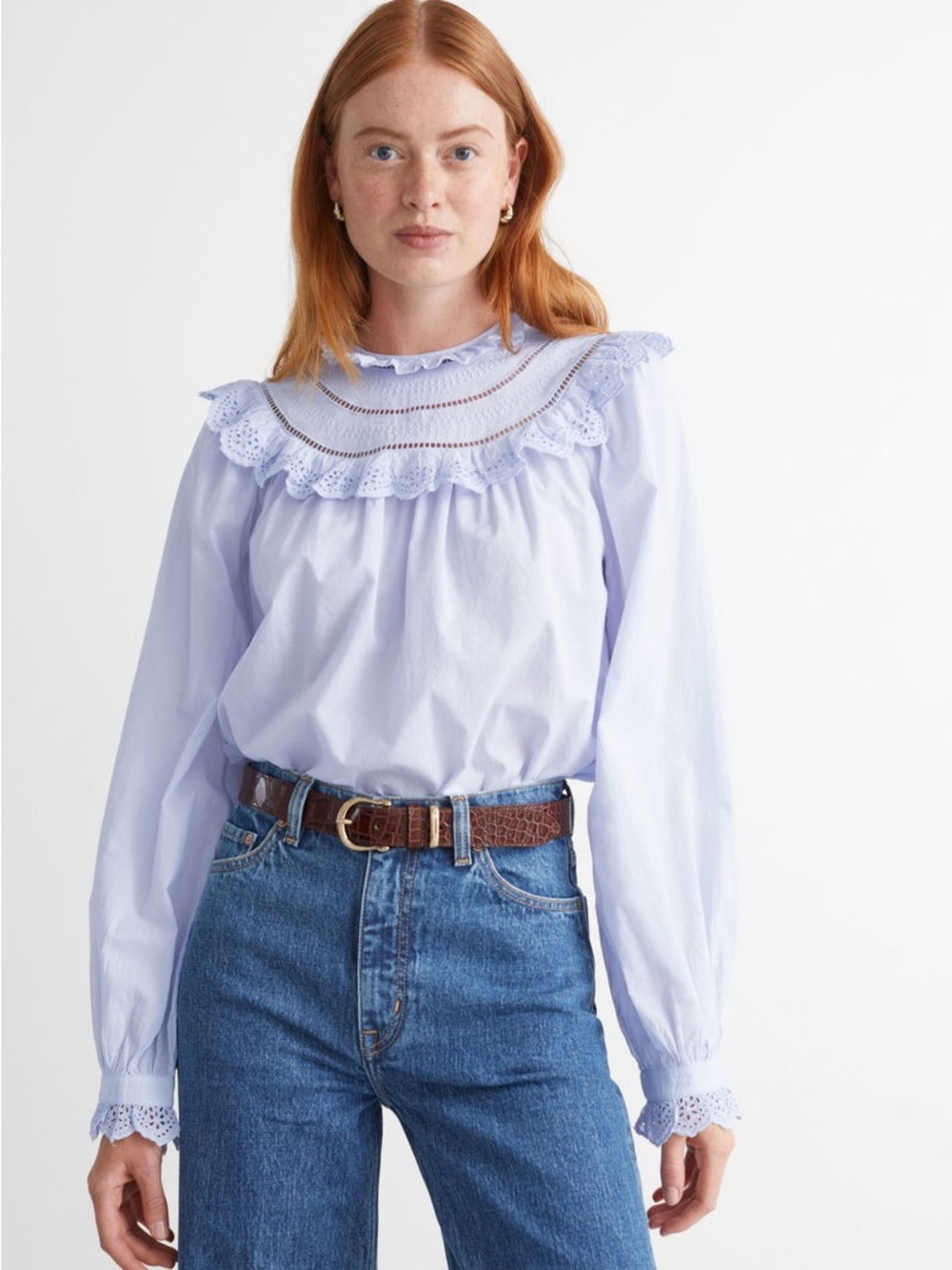 & Other Stories Paris Atelier Blue Embroidered Ruffle Blouse Size 10